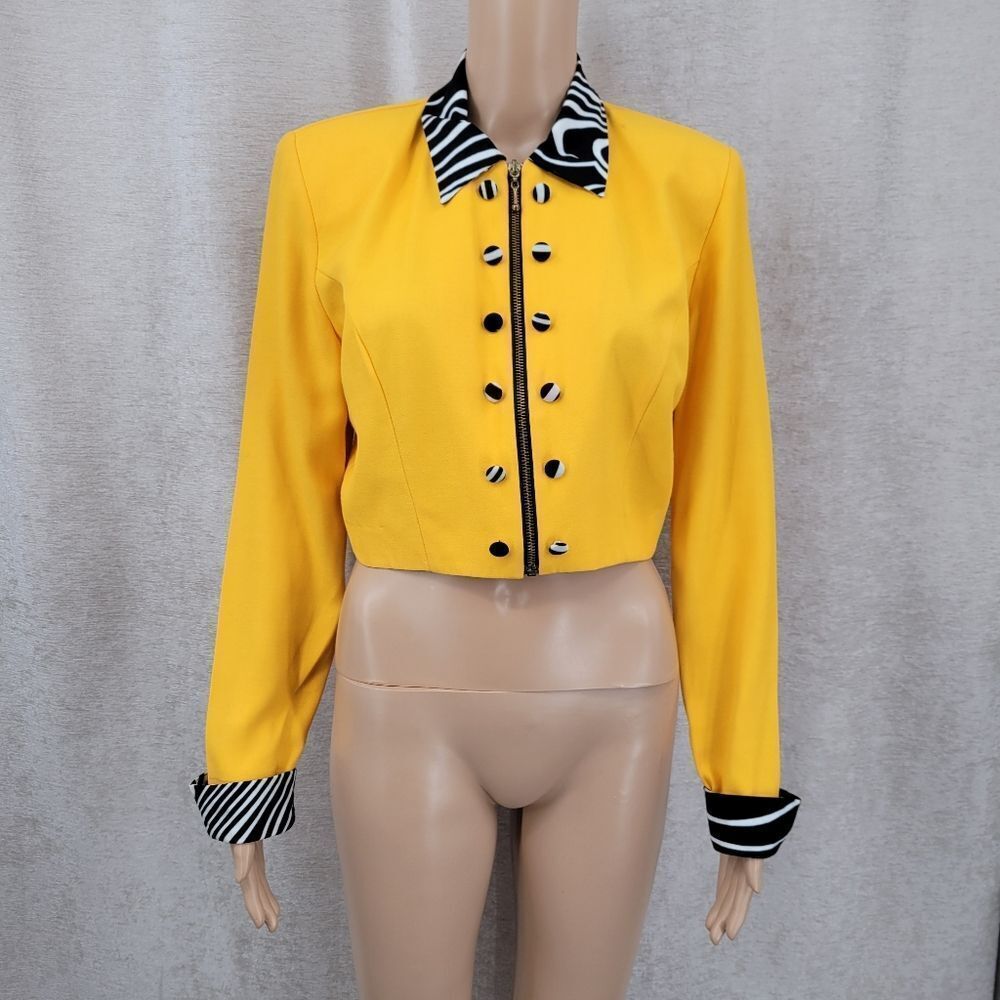 MENU Vintage 80s Yellow Double Breasted Cropped Jacket Bkack White Contrast
